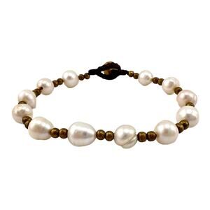 Genuine Freshwater Pearls Brass Beads Handmade Jingle Bell Toggle 6.25” Bracelet
